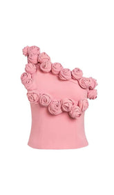 Pink One Shoulder Top With RoseS