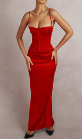 Red Satin Corset Maxi Dress