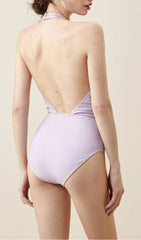 Purple Halter 3D Flower One Piece Swimsuit And Sarong