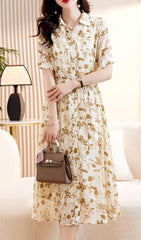 Casual Floral Short Sleeve Shirt Dress In Khaki