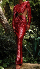 Sequin Cutout Backless Maxi Dress In Red