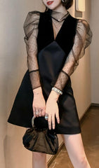 Deep V-Neck Mesh Mini Dress In Black