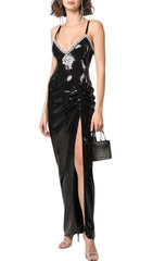 Sequin Crystal V Neck Maxi Dress In Black