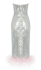 Strapless Sequin FeaTher Midi Dress In Silver