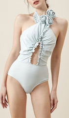 Blue Halter 3D Flower One Piece Swimsuit And Sarong