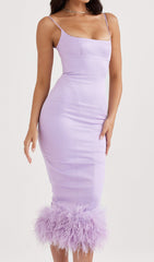 Purple FeaTher Satin Midi Dress
