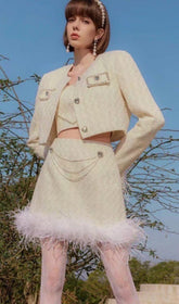 CHANEL'S Style With FeaTher Short Skirt Suit In White