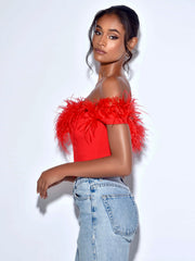Oralia Red FeaTher Trim Corset Top