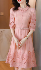 Cutout Embroidery Midi Dress In Pink