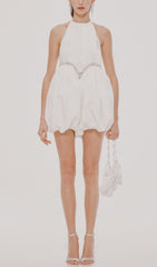 Velvet HalterNeck Mini Dress In White