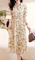 Casual Floral Short Sleeve Shirt Dress In Khaki