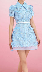 A-LIne Floral Embroidery Mini Dress In Blue
