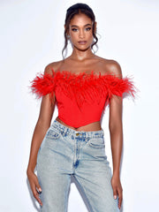 Oralia Red FeaTher Trim Corset Top