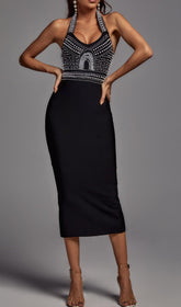 Black Pearl Halter Bandage Midi Dress