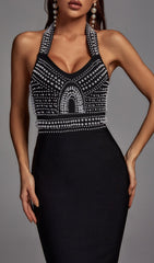 Black Pearl Halter Bandage Midi Dress