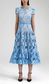 Appliqued Floral Lace Midi Dress In Blue