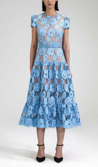 Appliqued Floral Lace Midi Dress In Blue