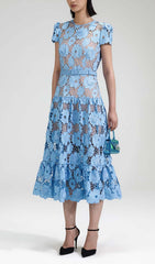Appliqued Floral Lace Midi Dress In Blue