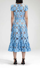 Appliqued Floral Lace Midi Dress In Blue