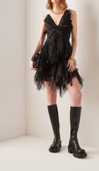 Appliqued Tulle Mini Dress In Black