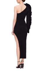 Asymmetric One Sleeve Midi Dress In Black