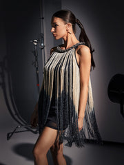 Glitter Gradient Fringe Dress In Beige
