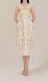 Bandeau Printed JUNGLE Midi Dress In Beige