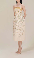 Bandeau Printed JUNGLE Midi Dress In Beige