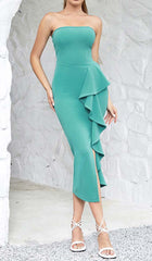 Bandeau RuffleS Midi Dress In Green