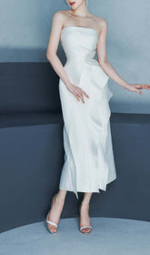 Bandeau RuffleS Midi Dress In White