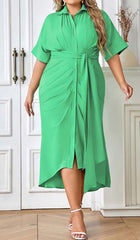 Batwing Sleeve Shirt Midi Dress In Green