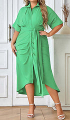Batwing Sleeve Shirt Midi Dress In Green