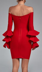 Red Off Shoulder Long Sleeve FRILL Bandage Dress