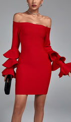 Red Off Shoulder Long Sleeve FRILL Bandage Dress