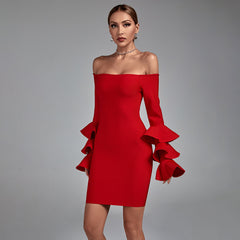 Red Off Shoulder Long Sleeve FRILL Bandage Dress