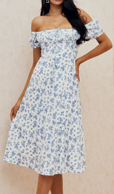 Blue White Floral Midi Dress