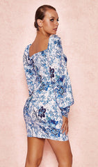 Blue + White Print Puff Sleeve Floral Dress