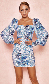 Blue + White Print Puff Sleeve Floral Dress