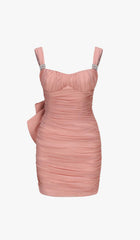 Bow Detail Pleated Mini Dress With Gloves In Pink
