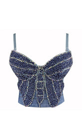 Bow-EmbelliShed Denim CropPed Top In Navy Blue