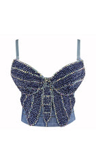 Bow-EmbelliShed Denim CropPed Top In Navy Blue