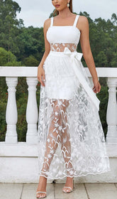 Bow-EmbelliShed Lace Midi Dress In White