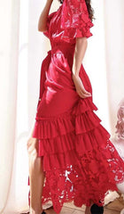 Breasted Stitching Lace Maxi Dress In Red