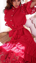 Breasted Stitching Lace Maxi Dress In Red