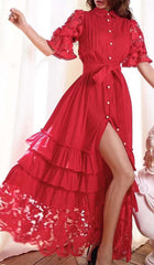 Breasted Stitching Lace Maxi Dress In Red