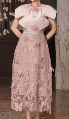 Butterfly Embroidery CLOAK Sleeve Midi Dress In Pink