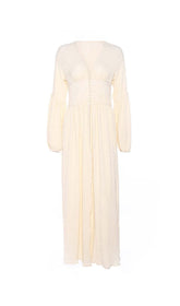 Button-Front Puffed Sleeves Maxi Dress In Beige