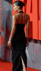 Black Backless Halter Hollow Out Maxi Bandage Dress