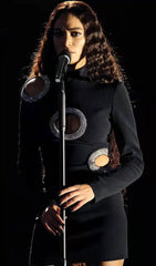 Black Crew Neck Long Sleeve Beaded Cutout RIng Bandage Dress