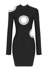 Black Crew Neck Long Sleeve Beaded Cutout RIng Bandage Dress